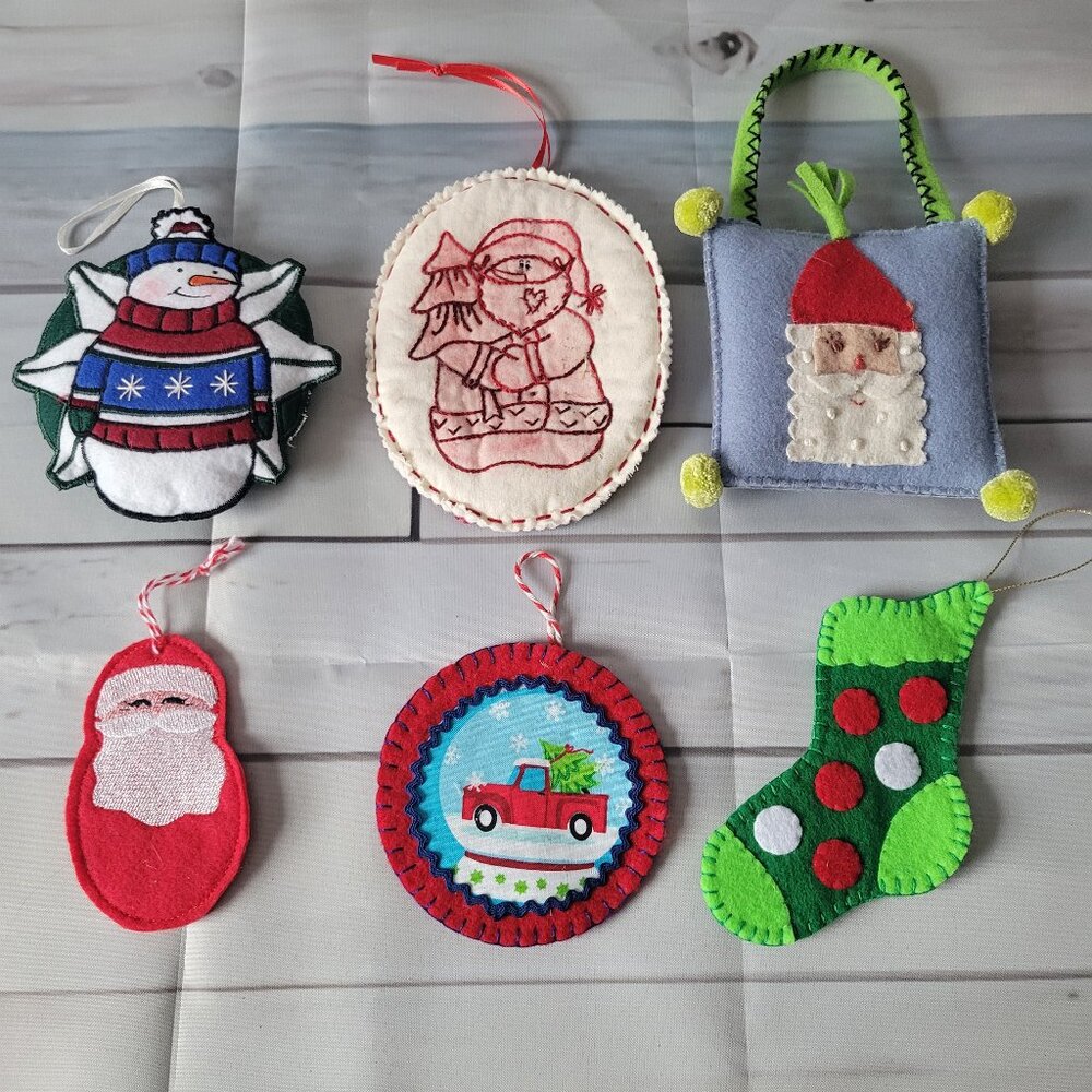 Vintage Hand Sewn Handmade Christmas Ornaments 6pc set. Santa Snowman Stockings